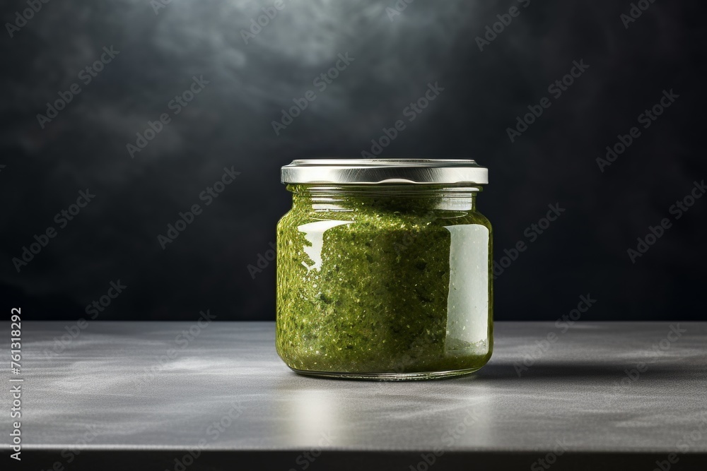 Jar of fresh pesto sauce on light grey concrete background for culinary concepts and recipe designs Jar of fresh pesto sauce on light grey concrete background for culinary concepts and recipe designs