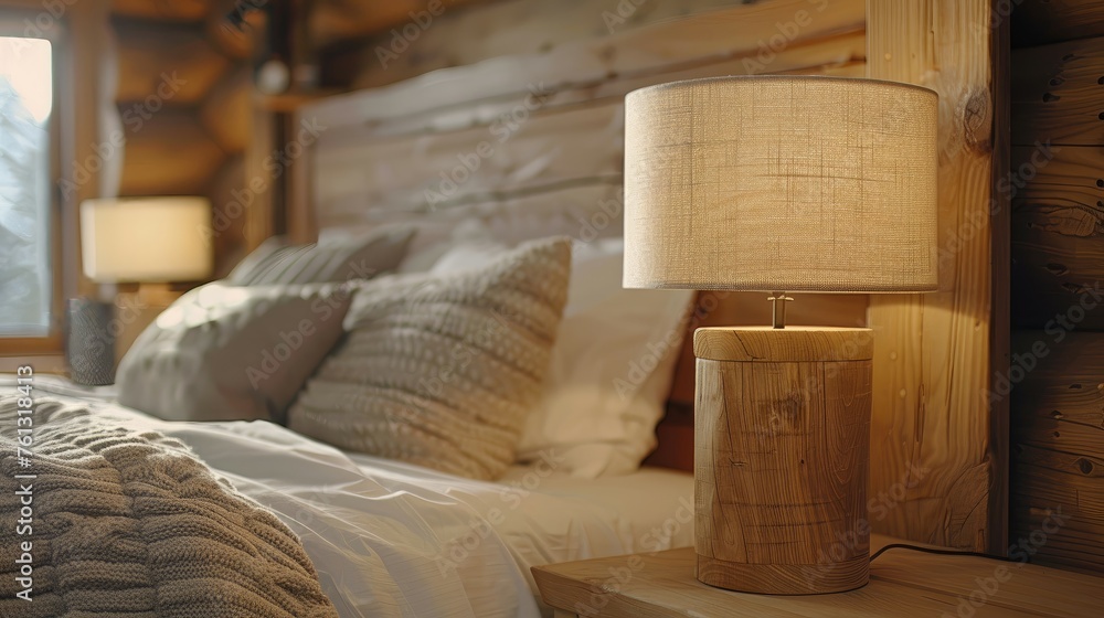 Cozy cabin bedroom with a rustic wood lamp and knit blanket. Cozy cabin bedroom with a rustic wood lamp and knit blanket.