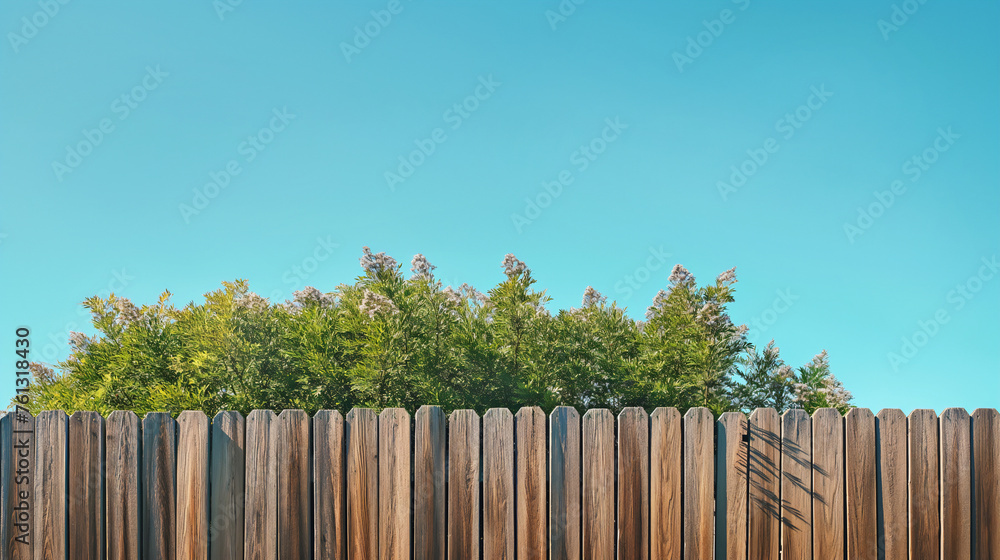 Fototapeta premium spring bloom tree in backyard and wooden garden fence