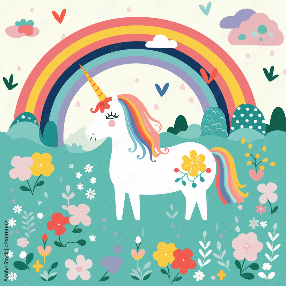 A whimsical unicorn and rainbow pattern illustratio