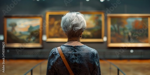 Mature woman admiring artwork in historic art gallery from behind view. Concept Art Appreciation, Mature Woman, Historic Art Gallery, Behind View