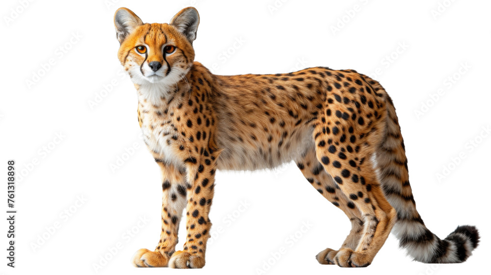 An unidentified cheetah displays its spotted coat and muscular build, poised and ready against a pure white background An unidentified cheetah displays its spotted coat and muscular build, poised and ready against a pure white background