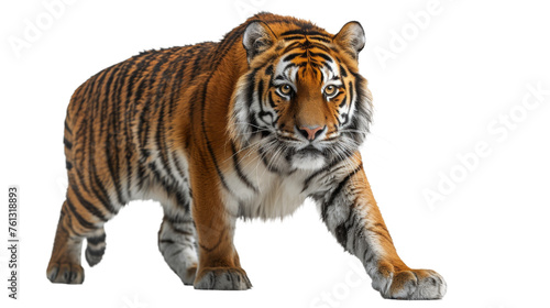 Vivid and dynamic image of a stalking tiger looking forward, isolated on a white background with great detail
