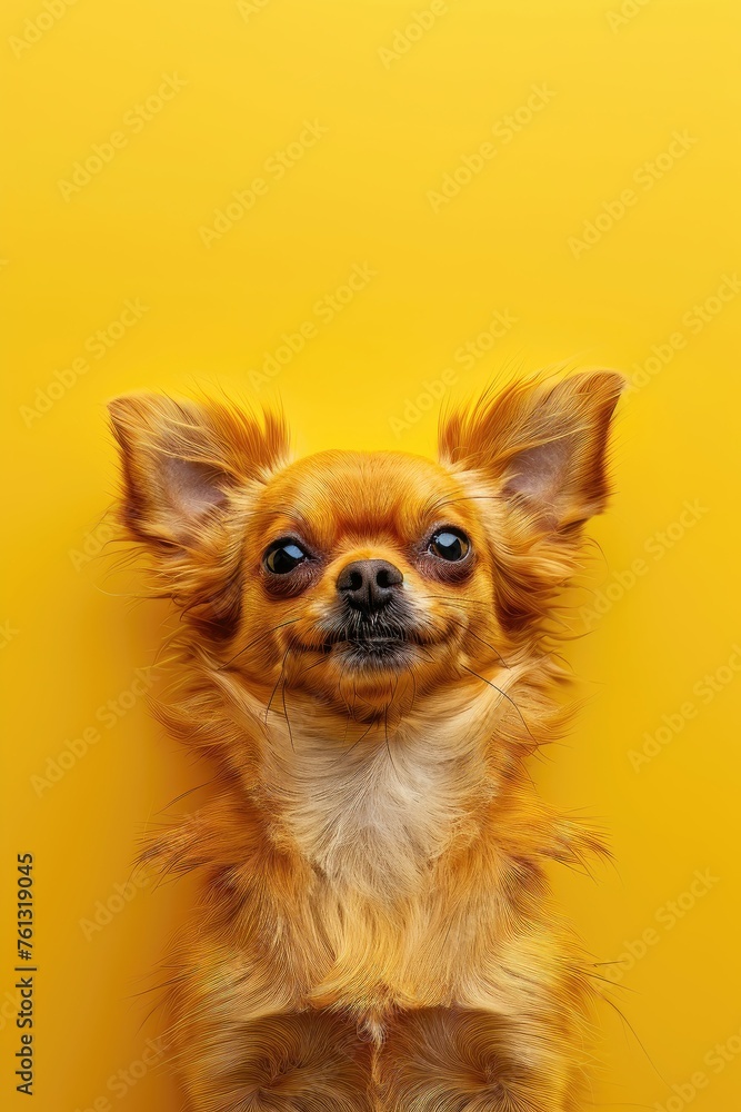 Golden Chihuahua looking up on a yellow background.