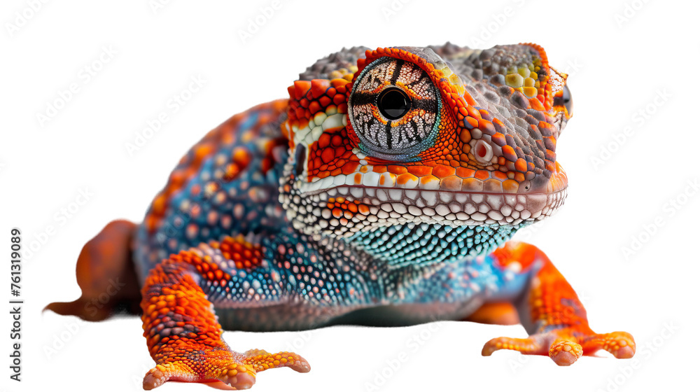 A vivid panther chameleon posing with detailed scales and a calm demeanor against a white backdrop - obrazy, fototapety, plakaty 