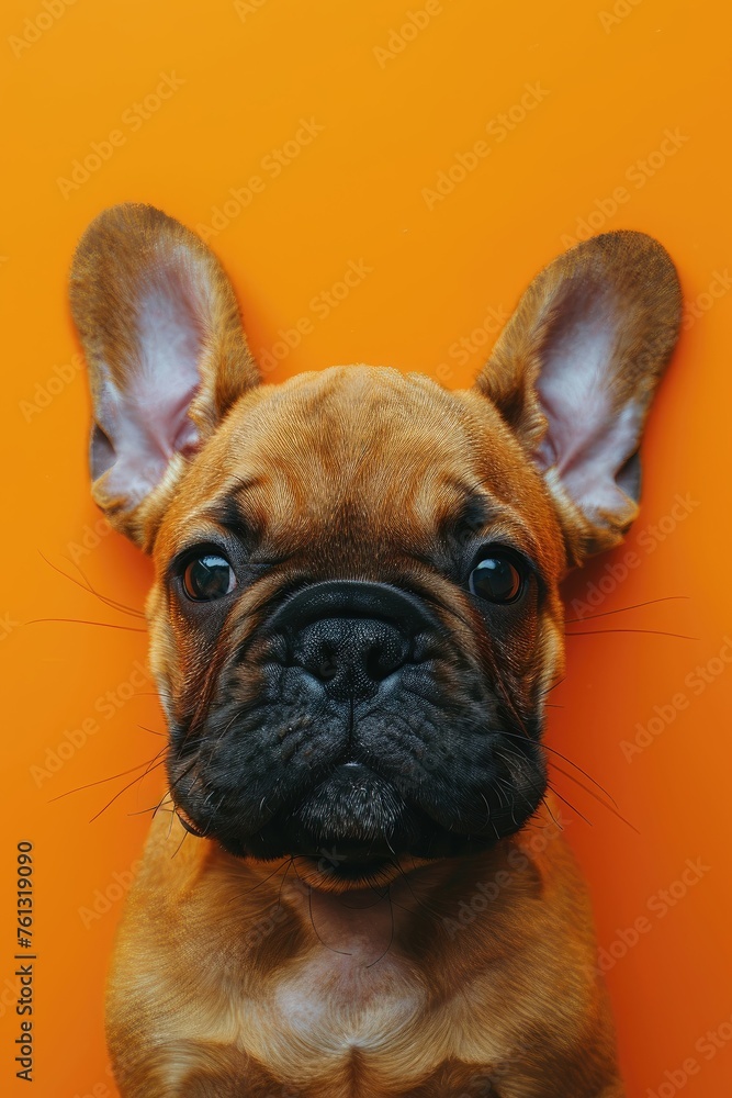 French Bulldog with big ears against an orange background.