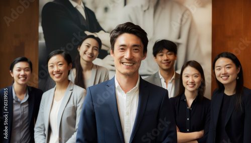 A Asian group of people are smiling for a photo. The man in the center is wearing a suit and smiling. The group is posing for a picture  and they all look happy