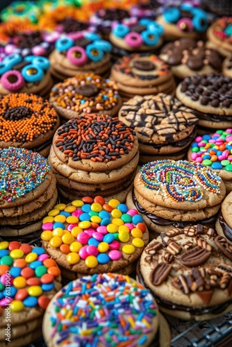 Assorted cookies with colorful toppings and decorations.