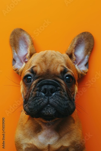 French Bulldog with big ears against an orange background.