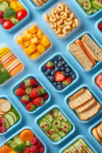 Healthy Meal Prep Containers with Fresh Fruits, Vegetables, and Sandwiches