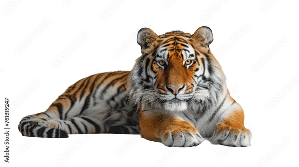 An imposing tiger is captured gazing directly with striking orange and black stripes and sharp eyes