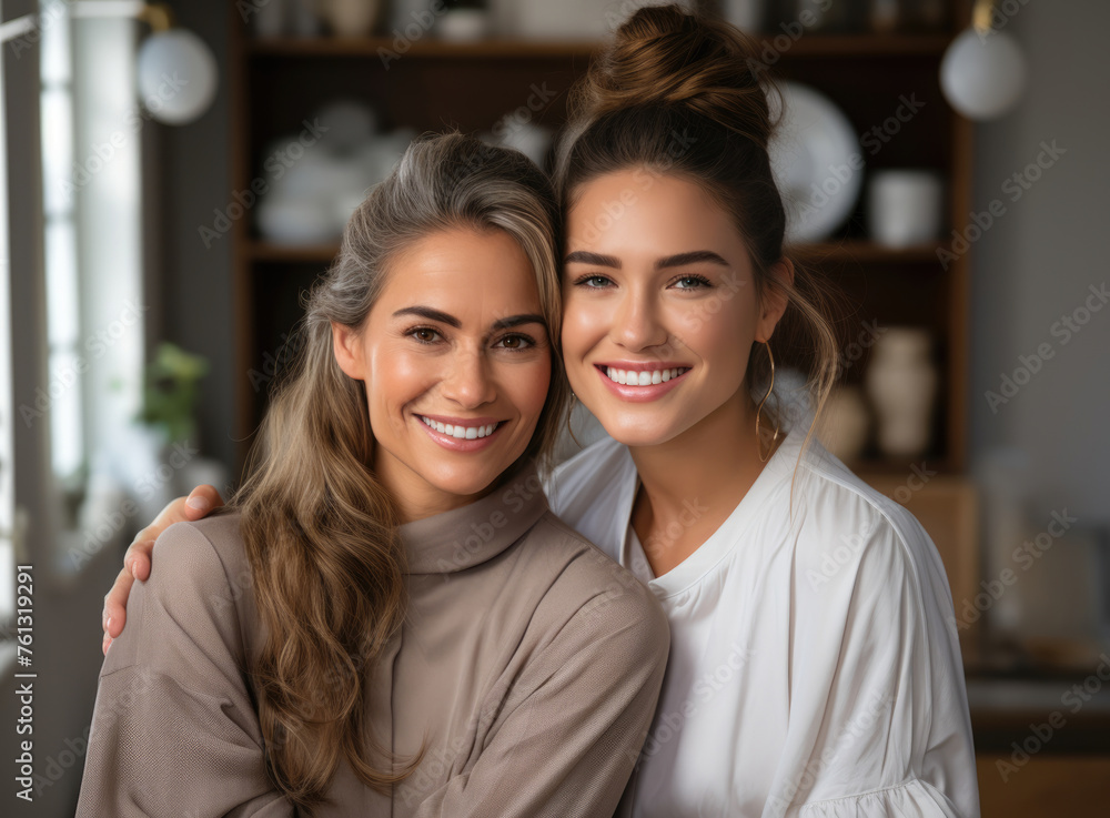 Two young women give a warm embrace, their joyful smiles suggesting a close friendship. They are casually dressed and appear to be inside a room with a blurred background. Two young women give a warm embrace, their joyful smiles suggesting a close friendship. They are casually dressed and appear to be inside a room with a blurred background.