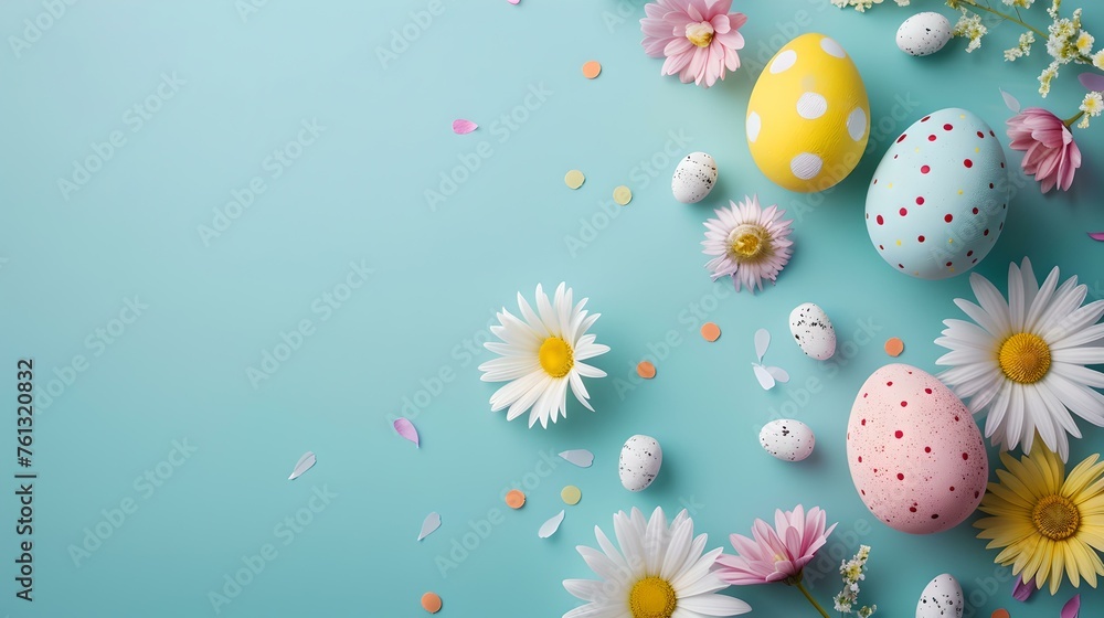 Easter celebration with colorful eggs and white daisies on a pastel blue background. springtime festive decoration. creative flat lay composition. AI Easter celebration with colorful eggs and white daisies on a pastel blue background. springtime festive decoration. creative flat lay composition. AI