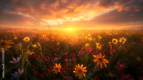 A field of vibrant wildflowers stretching towards the horizon  bathed in the golden light of a sunrise.