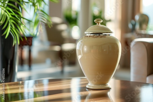 a beige urn with ashes stands on a wooden table indoors with natural daylight. Funeral concept. Final resting place for a departed soul. photo