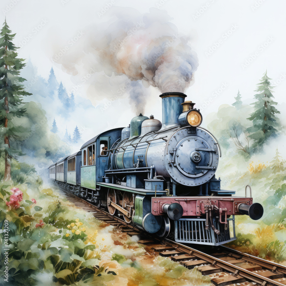 Obraz premium Watercolor Seamless STEAM TRAIN Illustration, Generative Ai