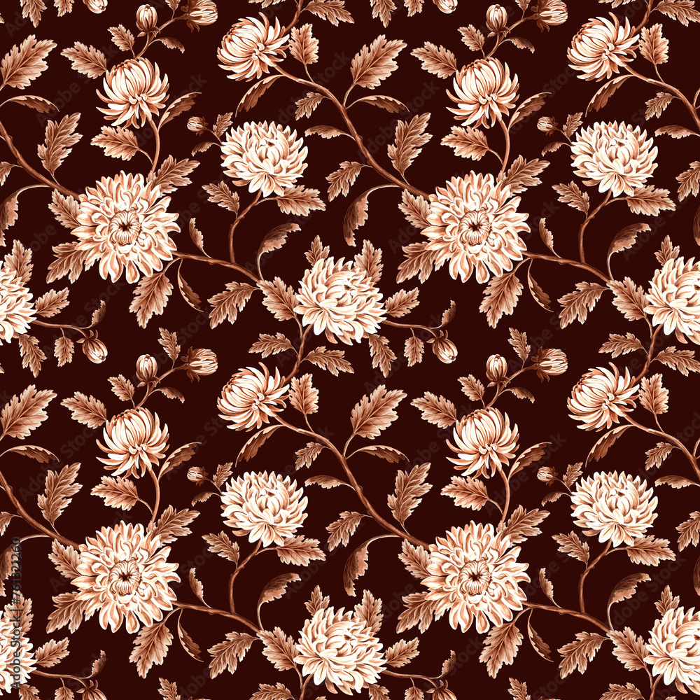 Seamless pattern monochrome from chrysanthemum with leaves on brown background. Hand drawn watercolor illustration brown color. Garden flowers. Template for wallpaper, scrapbooking, wrapping, textile.