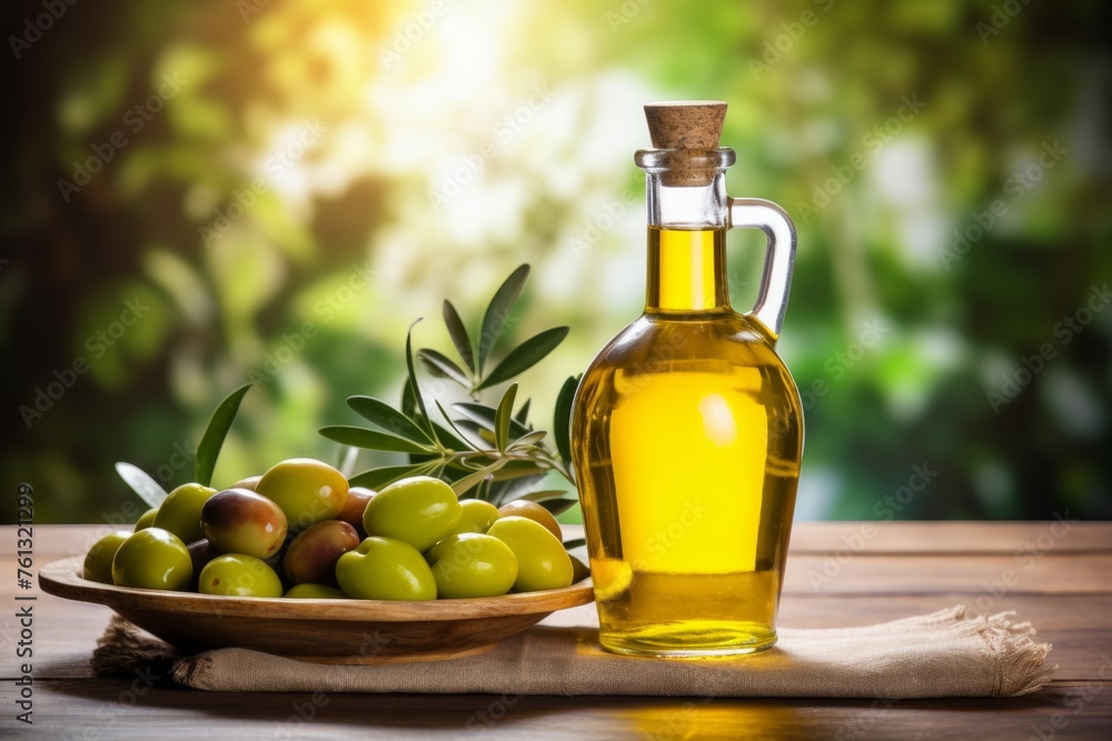 Olive oil bottle with olive tree branch, providing ample space for text placement Olive oil bottle with olive tree branch, providing ample space for text placement