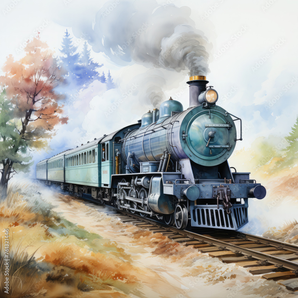 Fototapeta premium Watercolor Seamless STEAM TRAIN Illustration, Generative Ai