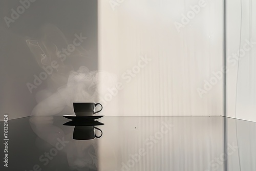 A minimalist setup of a coffee cup with steam rising placed on a clean photo