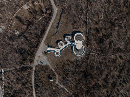 Barutana Spomenik - Yugoslavia´s Monument in Montenegro, geometry Top Down (Brutalism, aerial shot) photo