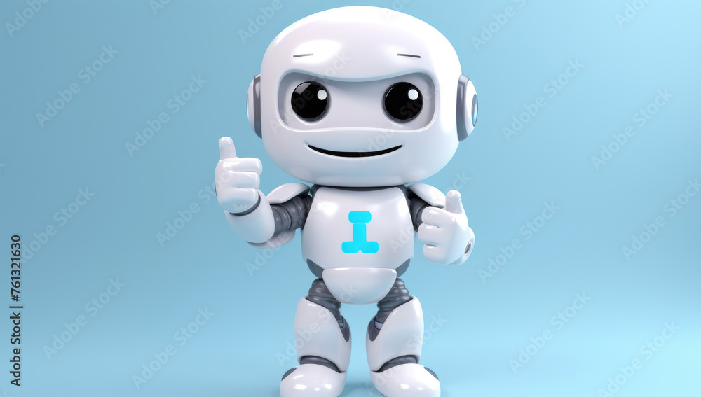 A robot is seen giving a thumbs up sign against a blue background, symbolizing approval or positivity A robot is seen giving a thumbs up sign against a blue background, symbolizing approval or positivity