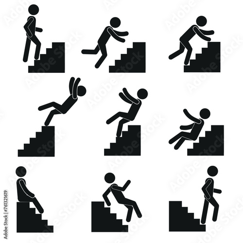 a set of figures of a man climbing the stairs, a man falling down the steps, a man sitting on the steps. Icons, silhouettes of a person in the form of a figurine, pictograms. Flat vector illustration