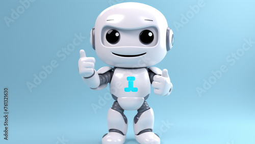 A robot is seen giving a thumbs up sign against a blue background, symbolizing approval or positivity