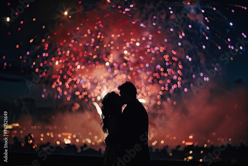Silhouette of a romantic couple kissing at night with colorful bokeh lights reflected on water