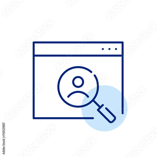 Online user search. Web page with a magnifying glass zooming in on a user. Exploration of user profiles or information