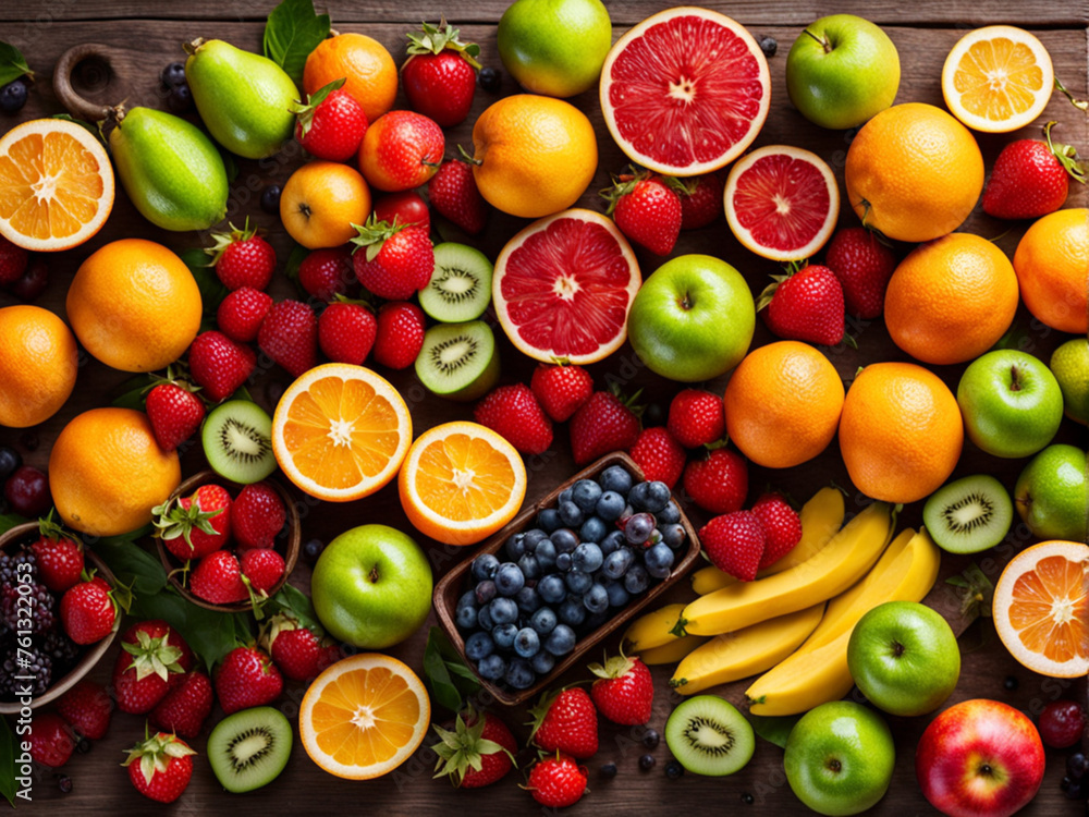 Top view of fruits background with assortment of fresh organic fruits. Top view of fruits background with assortment of fresh organic fruits.