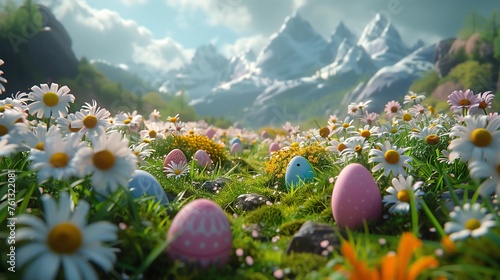 Easter landscape, colorful eggs on meadow under beautiful sky
