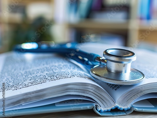 A stethoscope resting on an open medical textbook symbolizing continuous learning in healthcare