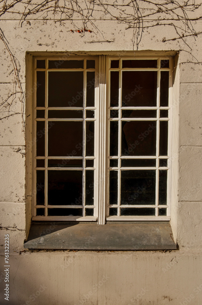 Berlin, Germany, March 7, 2024: close up of a window with intricate subdivisions in a plaster facade