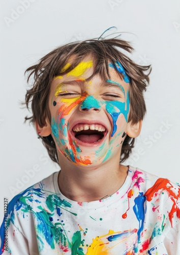 Boy Covered in Paint Laughs with Joyful Abandon - Generative AI