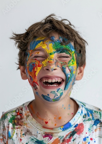 Boy Covered in Paint Laughs with Joyful Abandon - Generative AI © Gelpi