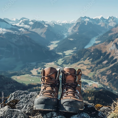 A pair of hiking boots sit atop a mountain summit, overlooking a breathtaking vista of valleys and peaks