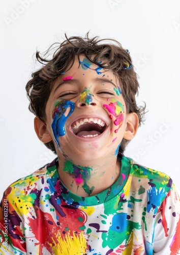 Vibrant Boy with Bright Painted Smile Celebrating Creativity - Generative AI