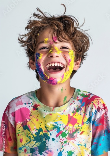 Vibrant Boy with Bright Painted Smile Celebrating Creativity - Generative AI