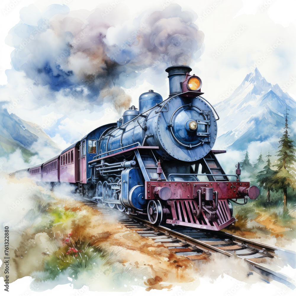 Obraz premium Watercolor Seamless STEAM TRAIN Illustration, Generative Ai