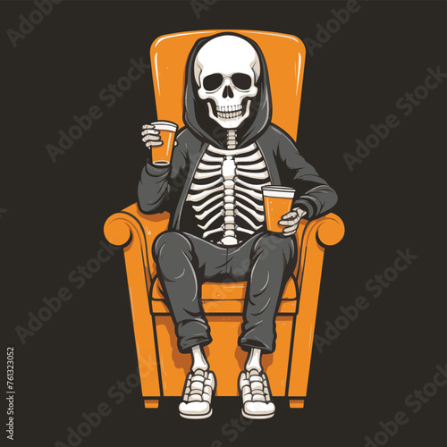 Halloween skeleton with hoodie and pants sitting holding drinks illustration for mascot merchandise t-shirt, stickers and Label designs, poster, greeting cards advertising business company or brands