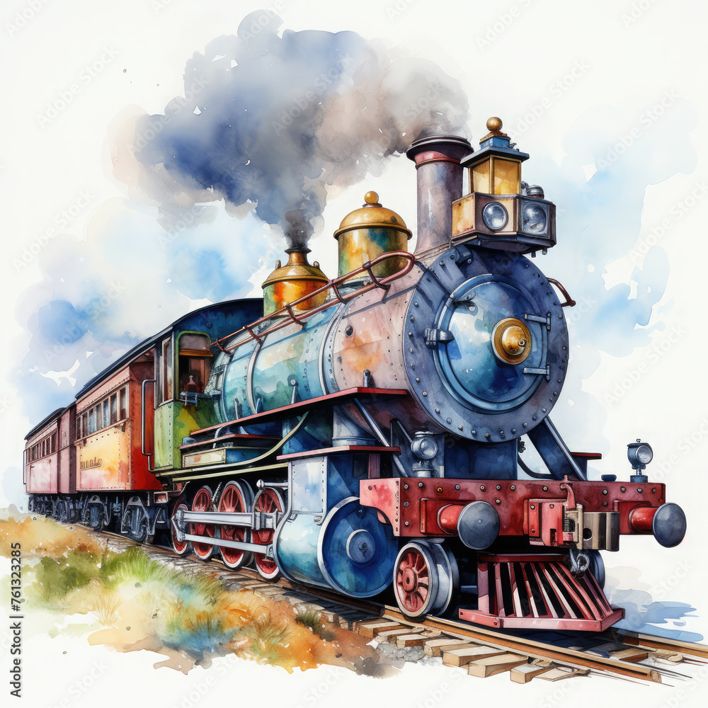 Naklejka premium Watercolor Seamless STEAM TRAIN Illustration, Generative Ai