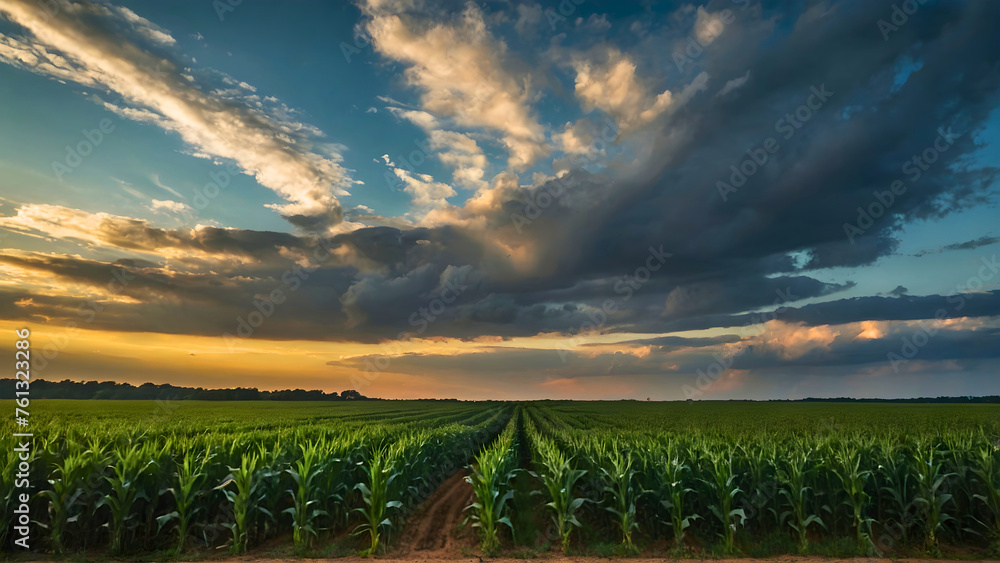 A field of corn with young corn, and very cloudy weather foretelling probable rain. - obrazy, fototapety, plakaty 