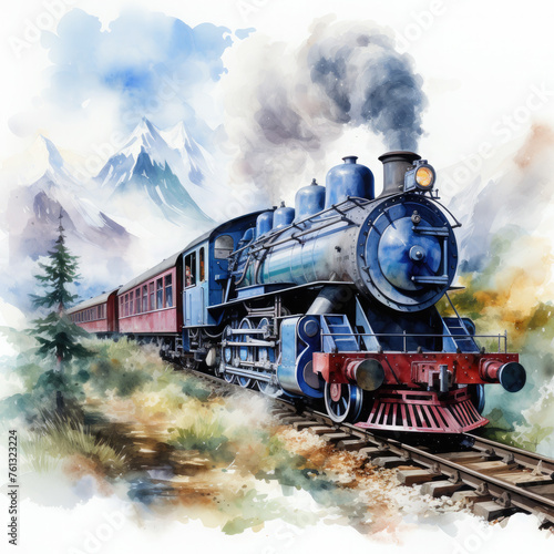 Watercolor Seamless STEAM TRAIN Illustration, Generative Ai