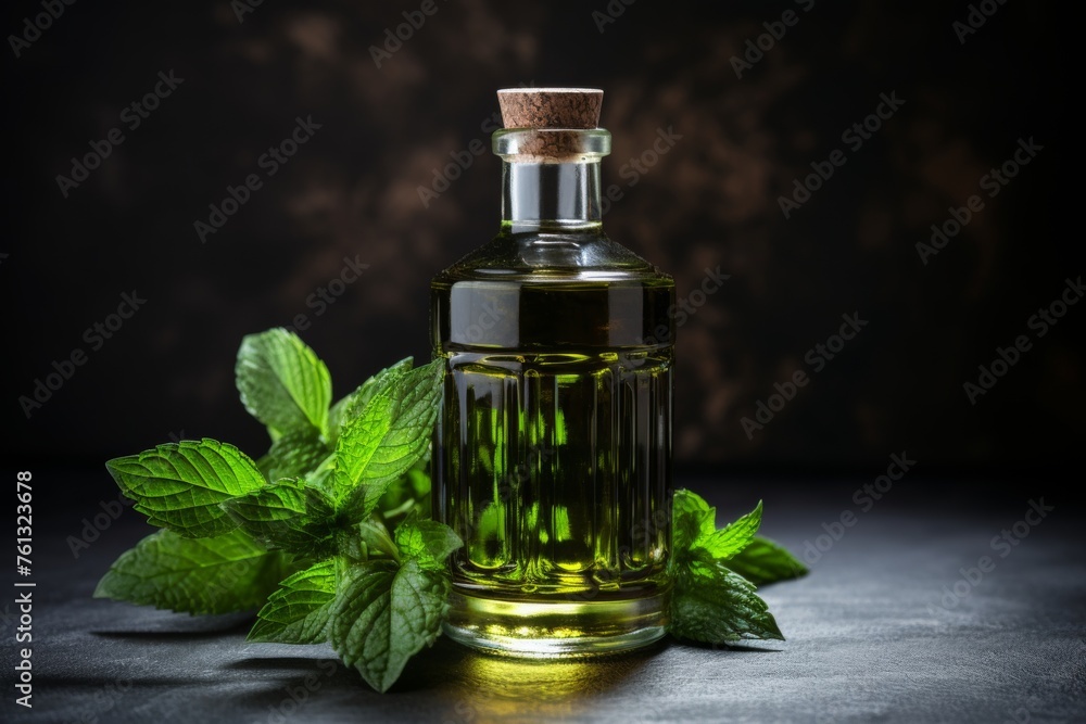 Peppermint essential oil bottle with free space for text, natural aromatherapy product display Peppermint essential oil bottle with free space for text, natural aromatherapy product display