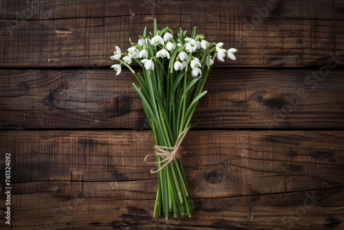 A vibrant  close-up image of a bouquet of snowdrops  bound with a simple twine  set against a dark walnut wood background.