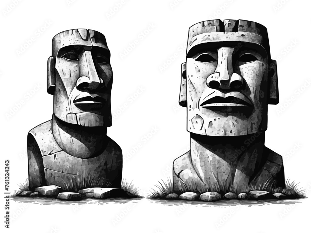 Vintage set of statues of Easter island. Moai on Easter island. Vector ...