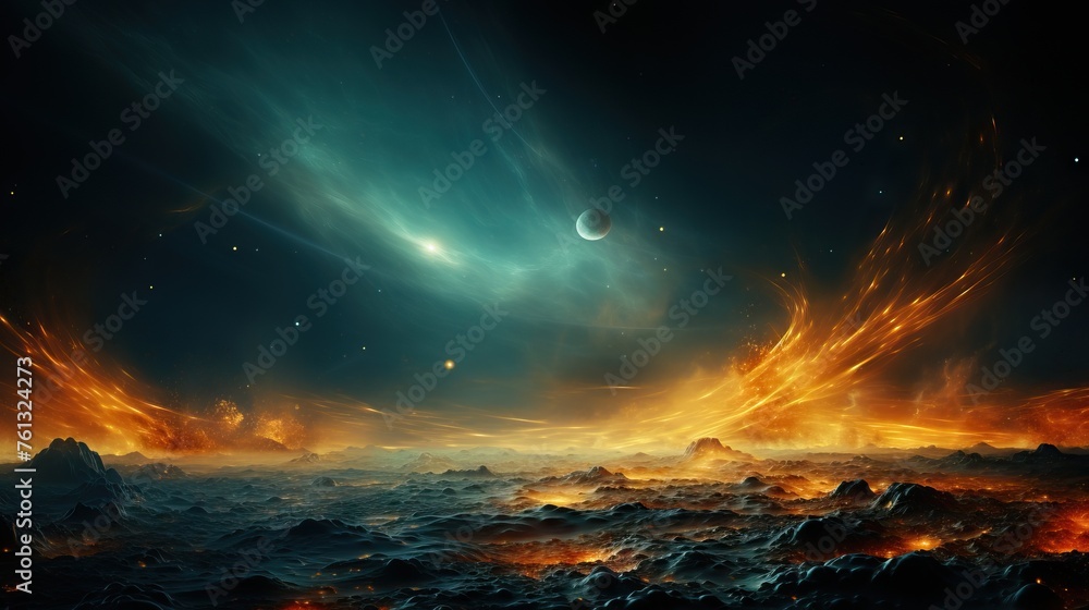 A breathtaking digital art piece showcasing fiery cosmic winds over a dark, rocky alien landscape with a distant planet