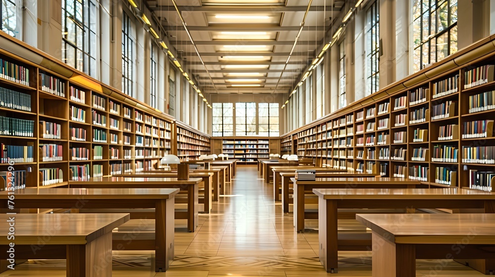 Serene and well-organized library interior with rows of books. warm lighting enhances the learning atmosphere. a sanctuary for knowledge seekers. AI