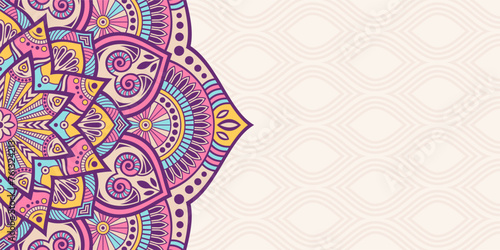 Horizontal mandala vector banner. Decorative flower mandala background with place for text. Colorful ornamental ethnic banner. Arabic Islamic east style. Vector color illustration.